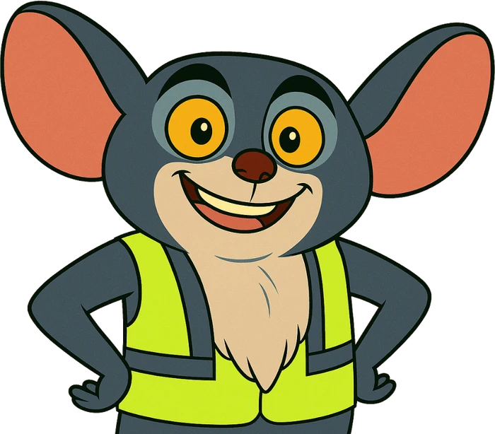 Our mascot, hands on hips, wearing a safety vest